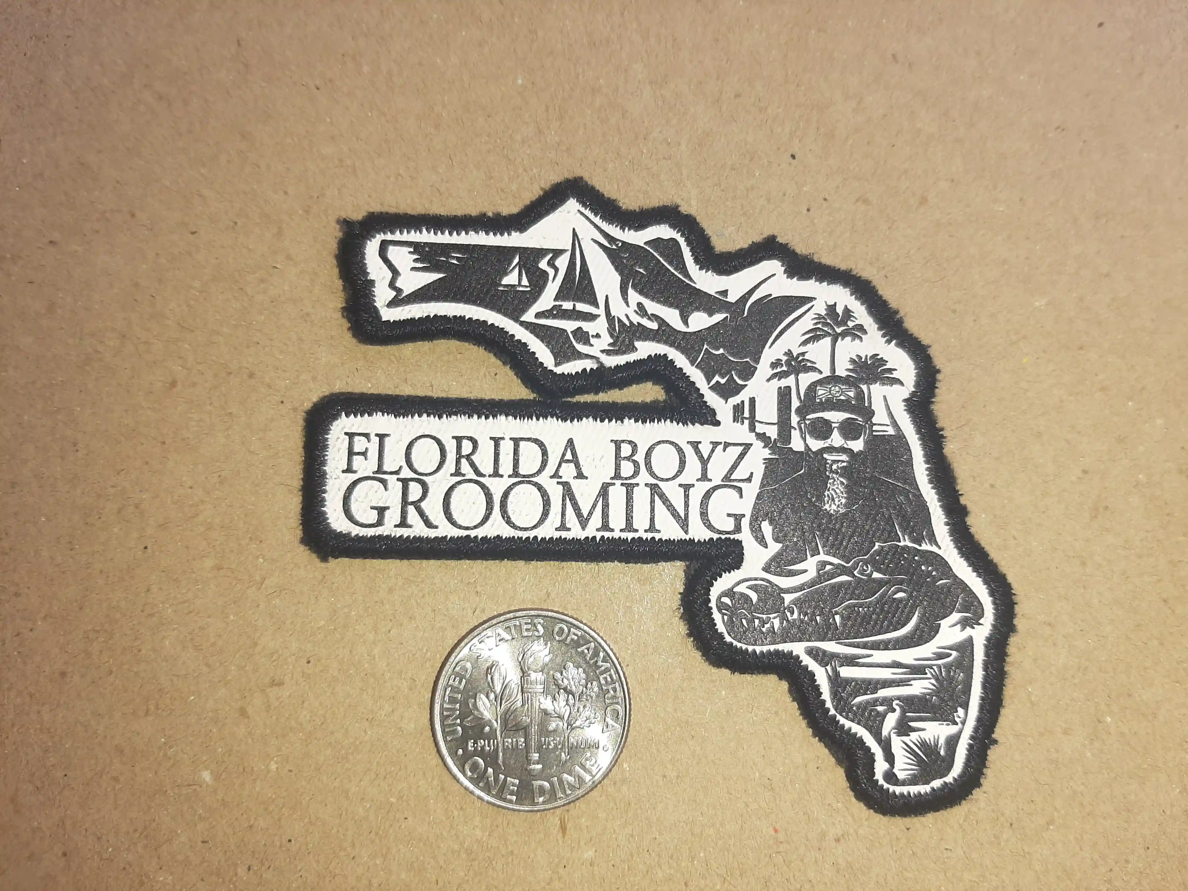 Presicely cut contoured FL State Outline with your Icon and Branding.  Pristine Grooming. Pristine Patch on Caps.  Look at our cap collection on Instagram
